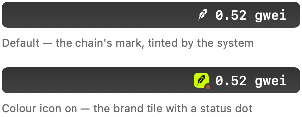 The badge in the menu bar, in both modes: the chain mark tinted by the system, and the brand tile with a status dot when Colour icon is on
